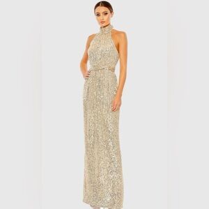Ieena for Mac Duggal NWT #11281 Sequined Halter Belted Soft Tie Gown, Size 2.
